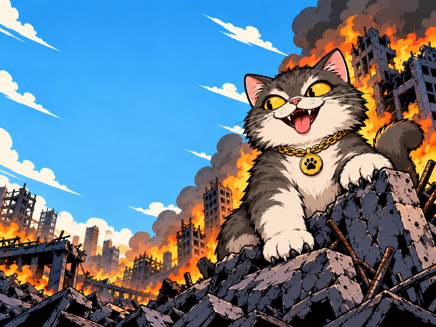 CATastrophe sitting triumphantly on city rubble