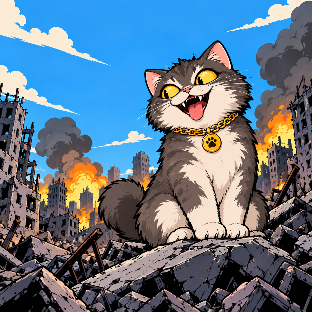 CATastrophe calmly sitting in a ruined city