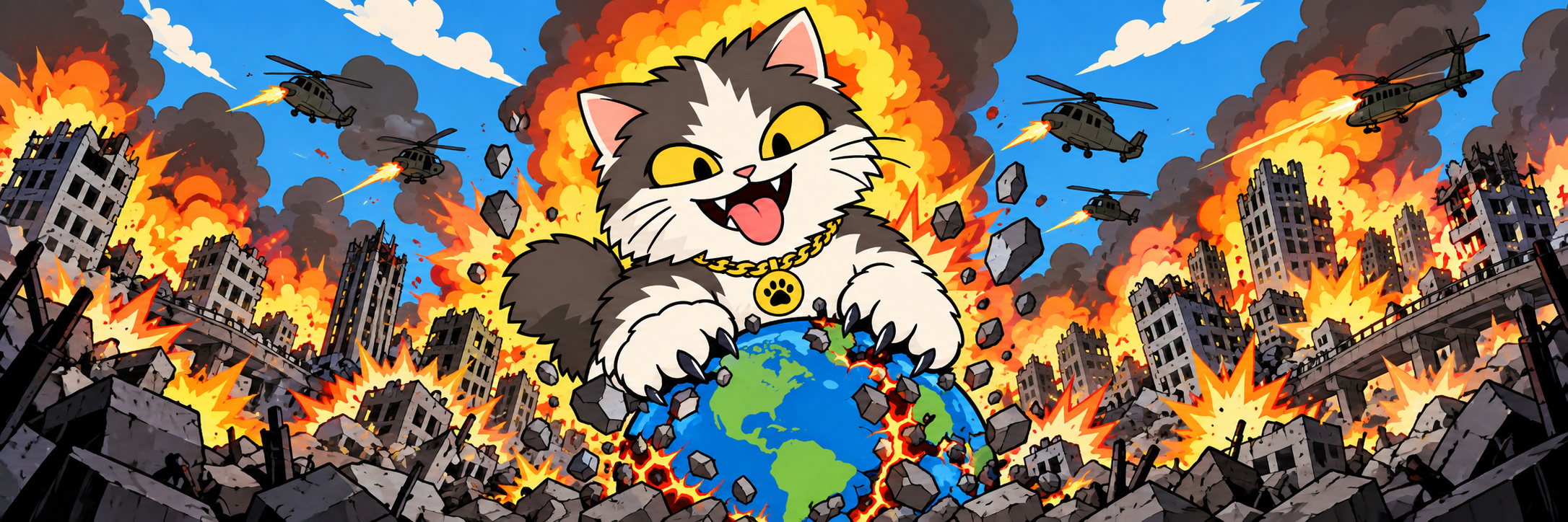 CATastrophe crushing the Earth while helicopters fly over a burning city