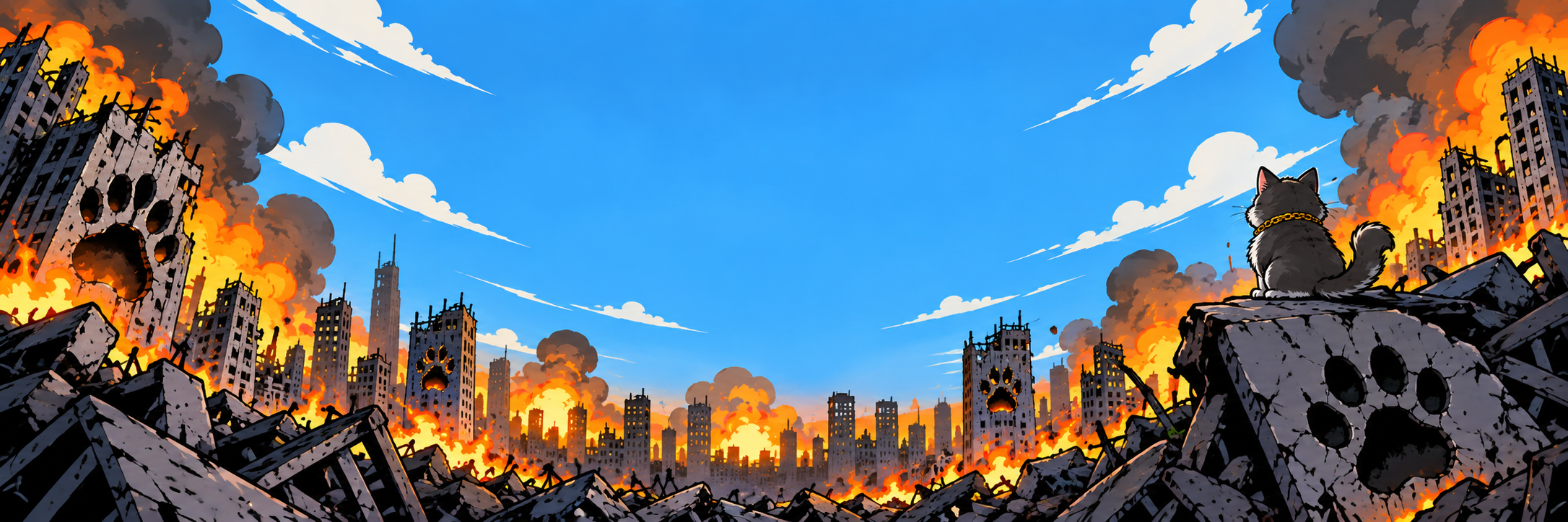 CATastrophe overlooking a burning panoramic city skyline