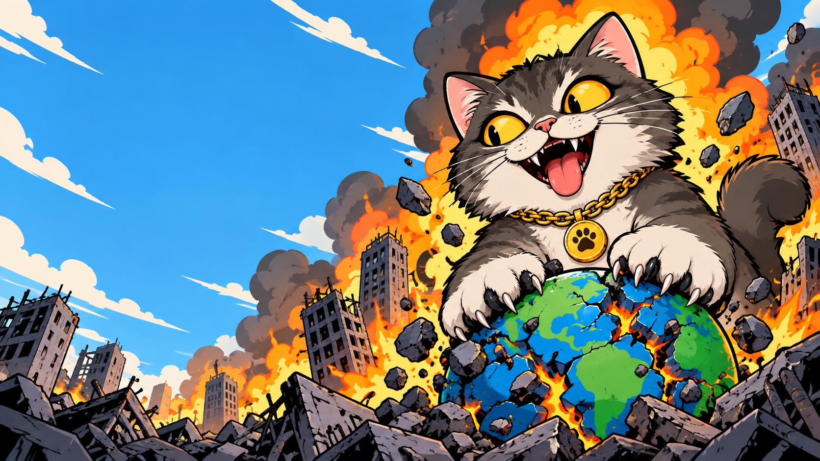 A giant gray CATastrophe cat gleefully cracking the Earth above a ruined city