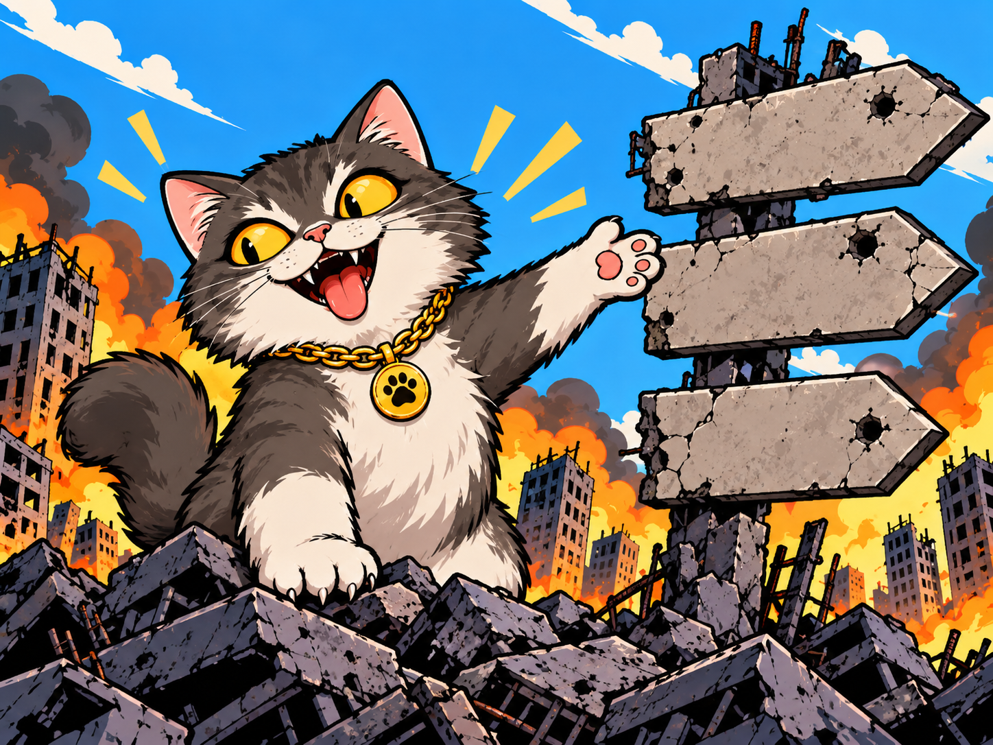 CATastrophe pointing at four comic direction signs