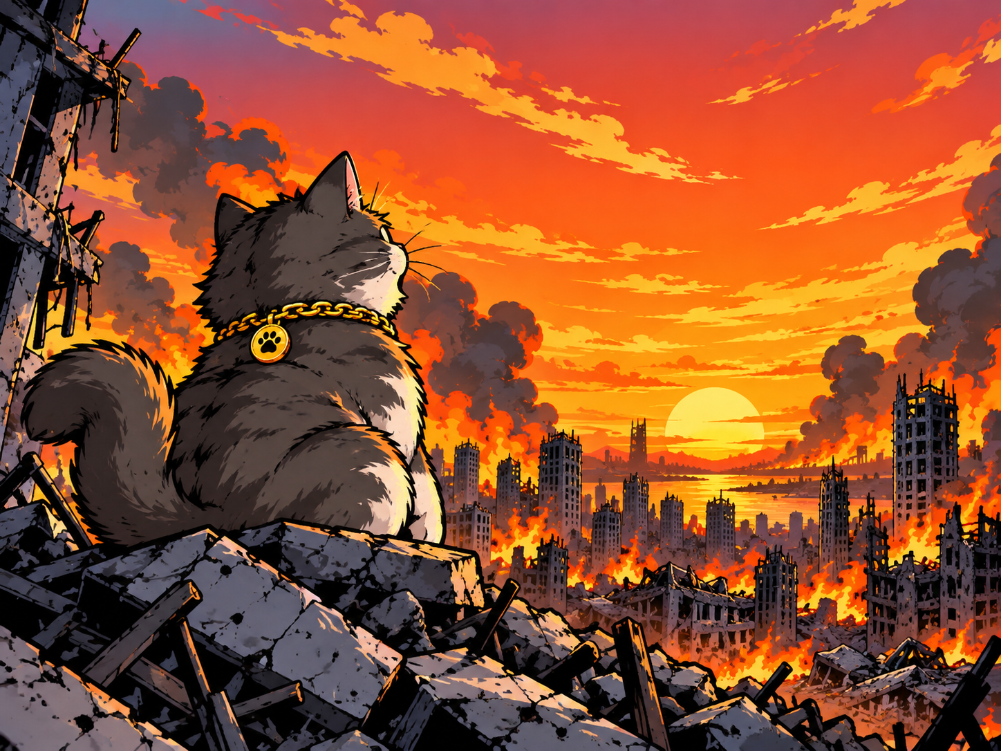 CATastrophe watching the sunset over the ruined city