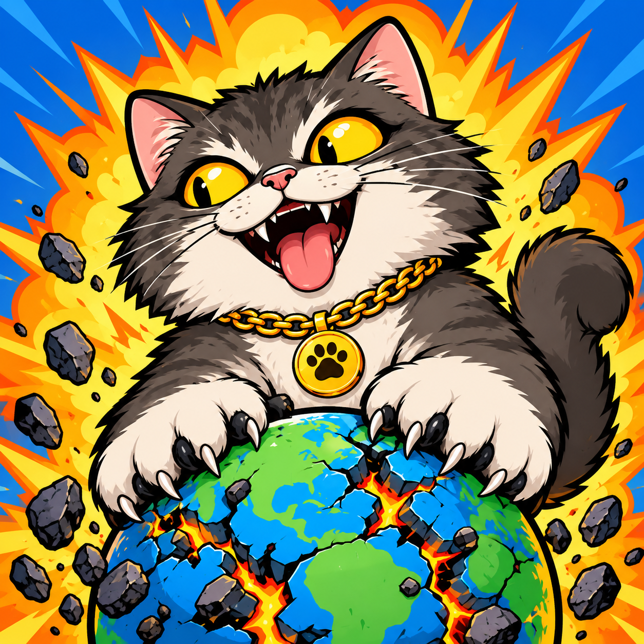 CATastrophe gripping a cracked Earth inside a comic explosion